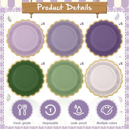 48 Pcs Sage Green Purple Paper Plates 9 Inch Scalloped - Image 3