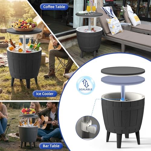 EasyUp Outdoor Resin Ice Bucket & Beverage Cooler-Patio Cooler Table with UV Protection,Wood-Look Side Tables for Your Patio, Picnic, and Beach Party (Black) - Image 5