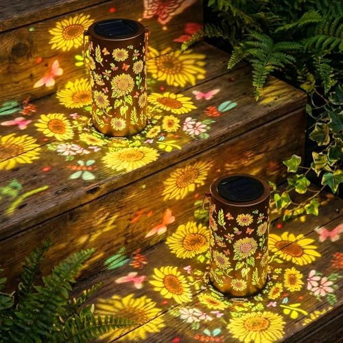 2Pack Colorful Solar Lanterns Outdoor Waterproof, Garden Decor Gifts for Women Mom Grandma - LED Colorful Sunflower Solar Powered Lights Metal Hanging Lantern for Outside Garden Patio Yard Lawn Porch by PASUTO