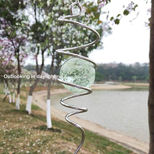 FONMY Gazing Ball Stainless Steel Spiral Tail-Decorative Wind Spinner with Glow Glass Ball, with Hanging Swivel Hook, Indoor Outdoor Decoration Silver Glow -13 inch Height - Image 2