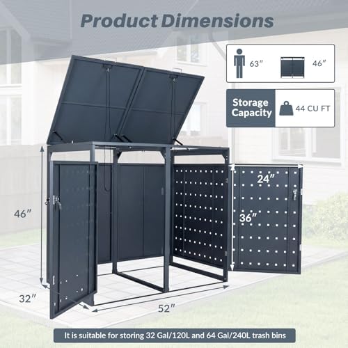 Goplus 44 Cu.Ft Outdoor Trash Can Storage, Garbage Can Hider Outdoor with 2 Lockable Doors Gas Struts & Shock Absorbers, Outdoor Storage for Patio, Backyards, Yard & Garden (52"x31.5"x46") - Image 3