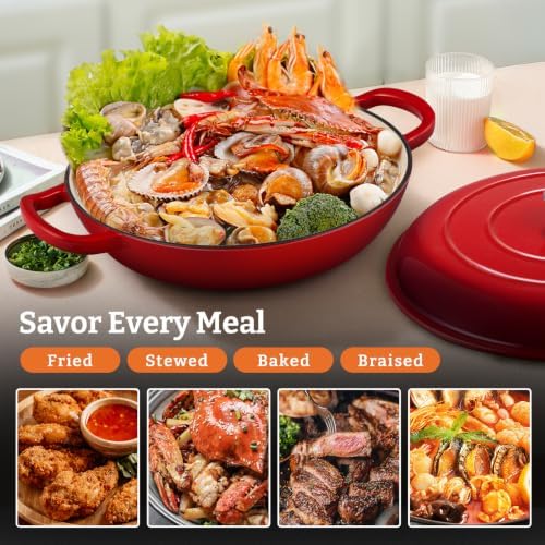 Parmedu Cast Iron Dutch Oven, 3.8 Quart, Red, Shallow Braiser & Casserole - Image 3