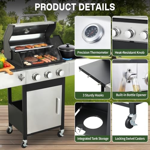 3-Burner Propane Gas Grill with Side Burner, 39,000 BTU - Image 6