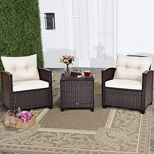 RELAX4LIFE 3 Piece Patio Furniture Set, Wicker Bistro Conversation Set w/ 2 Cushioned Armchairs & Glass Topped Table, Outdoor Rattan Sofa for Porch Balcony Poolside (White) by RELAX4LIFE