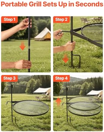 VEVOR Heavy Duty Swivel Campfire Grill, 24.4" Round Portable Camping Grill Grate, Sturdy Steel BBQ Mesh, 360° Height Adjustable Over Fire Pit with Support Rod, for Outdoor Open Flame Cooking, Black - Image 6