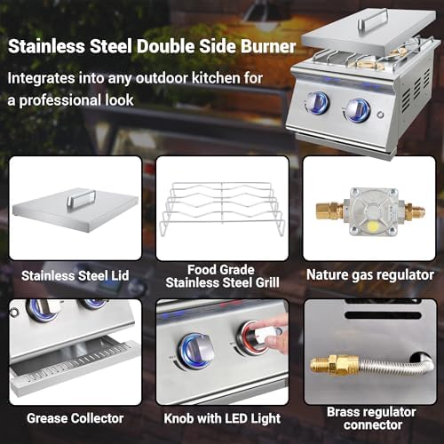Double Grilling Side Burners for Outdoor Kitchen, 2 * 17,000BTU Nature Gas Burners, Convertible to Liquid Propane, Duty Heavy 304 Stainless Steel, Built-in Side Burner for BBQ Island Grill - Image 4