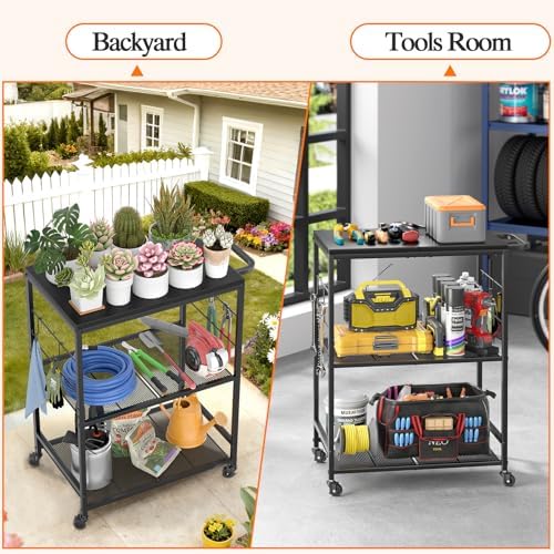 DAOUTIME Grill Cart for Outside, 3-Tier BBQ Food Prep Rolling Table Cart, with 23.62" Lx 15.75" W Rust-Resistant Tabletop, Outdoor Pizza Oven Table Ideal for Patio Backyard Kitchen Tools Room - Image 6