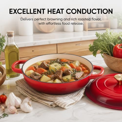 Dutch Oven Enameled Cast Iron with Lid - Big Dual Handles - Oven Safe up to 500°F - Classic Round Pot for Versatile Cooking 3 QT Shallow Pot Red - Image 5