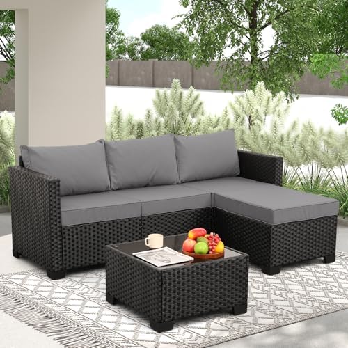 Oasishine Wicker Patio Furniture Patio Couch 3 Pieces Outdoor Sectional with Ottoman and Outdoor Glass Table Weathering Anti-Slip Cushions Furniture Covers, Light Grey - Image 3