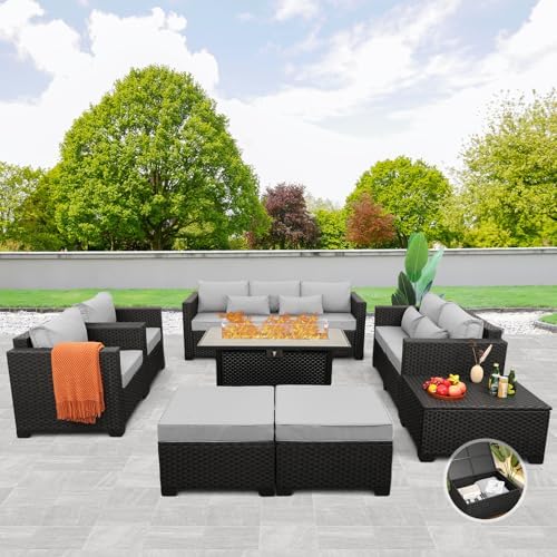 Rattaner 8 PCS Outdoor Furniture Sets 60000BTU 45-Inch Outdoor Propane Fire Pit Table Patio Furniture Set No-Slip Cushions and Waterproof Covers, Light Grey by Rattaner