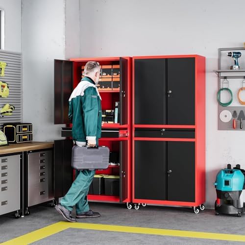 Letaya Metal Garage Storage Cabinet with Wheels,Rolling Tool Cabinet with Adjustable Shelves and Drawer for Garage Home Utility Room (Red) - Image 2