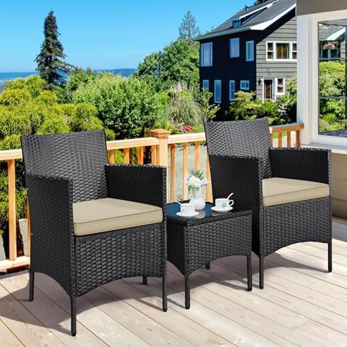 Yaheetech 3 Pieces Patio Conversation Set, Outdoor Rattan Bistro Furniture, 2 Chairs with Cushions & 1 Side Table for Bistro/Porch/Garden/Deck/Courtyard, Black/Khaki - Image 2