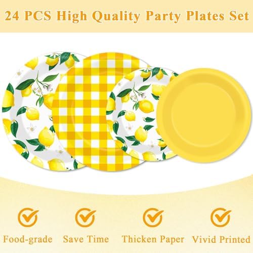96Pcs Lemon Birthday Party Decorations Lemon Plates and Napkins Yellow Plaid Paper Plates Citrus Fruit Disposable Tableware for Summer Wedding Baby Shower Party Decoration Serve 24 Lemons - Image 3