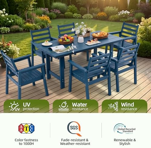 7-Piece Outdoor Dining Set, All-Weather HDPE Patio Furniture, 66.5" Slatted Table with 1.6" Umbrella Hole & 6 Ergonomic Armchairs, Heavy Duty 350lbs Capacity, UV Resistant, Blue - Image 6