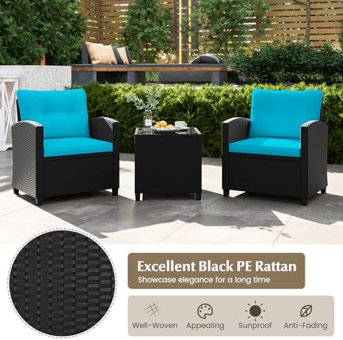 RELAX4LIFE 3-Piece Patio Furniture Set - Wicker Rattan Bistro Sofa Set w/Glass Top Coffee Table, Washable Cushions for Porch Balcony Backyard Poolside, Outdoor Furniture Conversation Set (Turquoise) - Image 5
