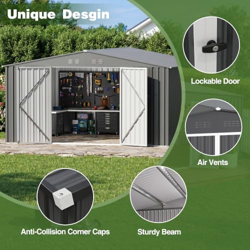 10 x 12 FT Outdoor Storage Shed, Heavy Duty Metal Shed with Lockable Double Door, Sloped Roof & Vents for Garden Backyard Lawn Dark Gray - Image 3