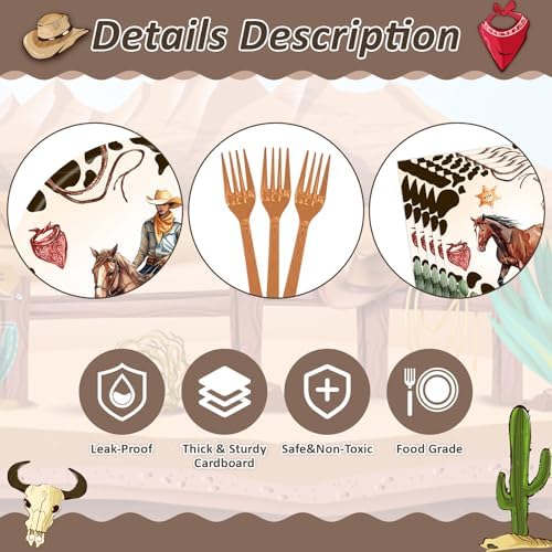 96 PCS Western Cowboy Party Paper Plates Napkins Set for 24 Guests - Image 4