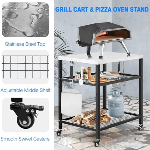 Stainless Steel Grill Cart with Cover Pizza Oven Stand with Water-proof Cover Trolley Table with Wheels Three-Shelf Movable Food Prep and Work Table Heavy Duty Grill Cart Outdoor 31.5"×24"×35.5" - Image 4