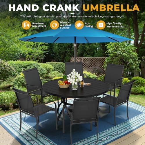 Incbruce 8 PCS Patio Dining Set with Sky Blue Umbrella, Outdoor Dining Set of 6 Textilene Chairs and 53" Round Table with Umbrella Hole for Backyard, Garden, and Poolside (Black) - Image 6