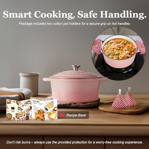 Overmont Enameled Cast Iron Dutch Oven - 4.5QT Pot with Lid Cookbook & Cotton Potholders - Heavy-Duty Cookware for Braising, Stews, Roasting, Sourdough Baking pink - Image 6