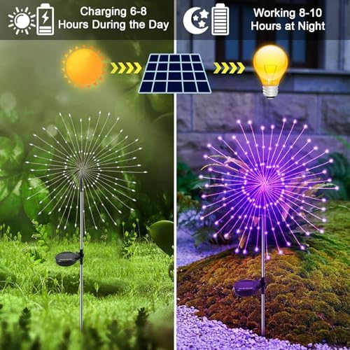 Solar Garden Lights Outdoor, 2 Pack 120 LED Twinkling Firework Lights Decorative with 2 Modes, Outdoor Waterproof Solar Starburst Light for Outside Yard Pathway Garden Decor, Purple - Image 2