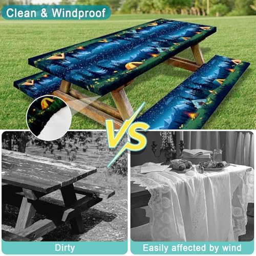 Camping Picnic Table Cover with Bench Covers, Camping Essentials, Forest Campfire Tent Flowers Outdoor Table Covers, Waterproof Windproof, Fitted Tablecloth Cover with Elastic Edge, 3 PCS, 30x96 Inch - Image 6