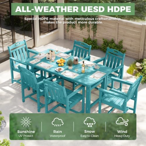 HDPE Outdoor Dining Set, Patio Table and 6 Chairs, 2" Umbrella Hole, Lake - Image 3