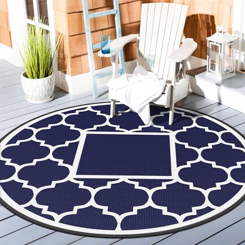 GENIMO Outdoor Rug, Waterproof Plastic Rugs for Patio, 8' Round Blue White - Image 2