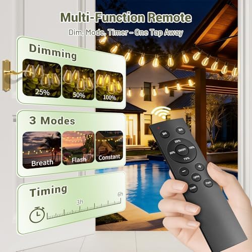 30FT Solar String Lights Waterproof, 10+1 LED Shatterproof Bulbs Solar Powered with Remote & USB Port, 3 Modes Dimmable Outdoor Lights for Patio, Garden, Camping - Image 3