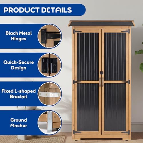 Outdoor Storage Cabinet Weather-Resistant, Wood & Metal Storage Shed with 3 Removable Shelves, Waterproof Roof, Adjustable Feet, Patio Storage Cabinet Outside for Garden Garage Backyard Pool - Image 5