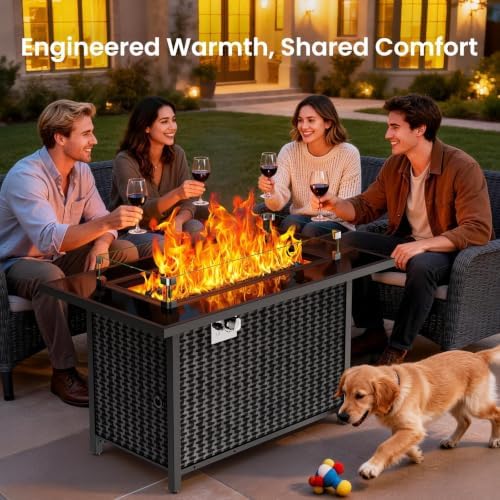 Ciays 43″ Propane Fire Pit with Glass Wind Guard, CSA-Listed 60,000 BTU Outdoor Gas Fire Pit Table, Tempered Glass Top, Glass Rocks,Lid, Adjustable Legs, Fire Table for Patio, Garden & Party, Black - Image 2
