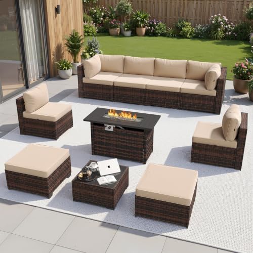 Aoxun 10 Piece Outdoor Patio Furniture Set with 44'' Fire Pit Table, Outdoor Patio Furniture Sets with Coffee Table, Wicker Rattan Outdoor Conversation Set with Ottoman for Backyard & Garden, Beige by Aoxun