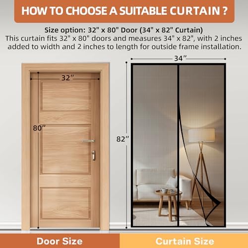 METAONLY Fiberglass Magnetic Screen Door Mesh, Works for Patio, Sliding Door, Keeps Bug Mosquito Out, Fresh Air Flow, Fits 32" x 80" Door - Curtain Size 34" x 82", Black - Image 2