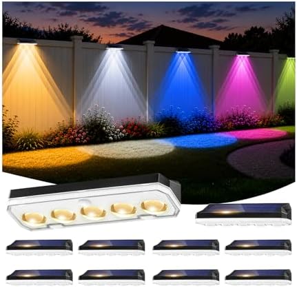 Tenmiro Solar Fence Lights Outdoor 10 Pack, 40 Modes RGB & Cold/Warm White Wall Lights with 5 Lens, IP67 Waterproof Dusk to Dawn Outside Lighs for Backyard, Patio, Yard, Pool, Deck, Railing Decor by Tenmiro