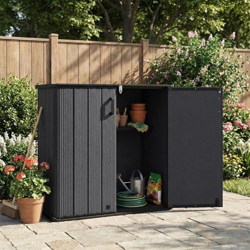 Tangkula 23.5 Cu.ft Outdoor Storage Shed, All-Weather Resin Patio Storage Box with Floor, Lockable Door & Removable Shelf, Waterproof Deck Box for Garden Tools - Image 2