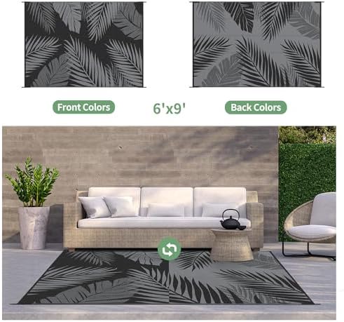 GENIMO Outdoor Rug, Waterproof Plastic Rugs for Patio, 6'x9' Black Grey - Image 2