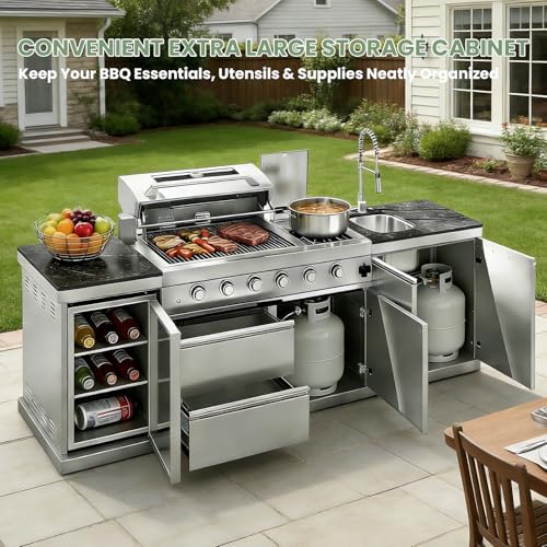 98" Rolling Outdoor Kitchen Island with Built-In 4 Burners 72,000 BTU Stainless Steel Gas Grill Featuring Rotisserie Oven,Granite Countertops,Beverage Fridge,Sink.(Silver + Fridge + Sink, Propane Gas) - Image 3