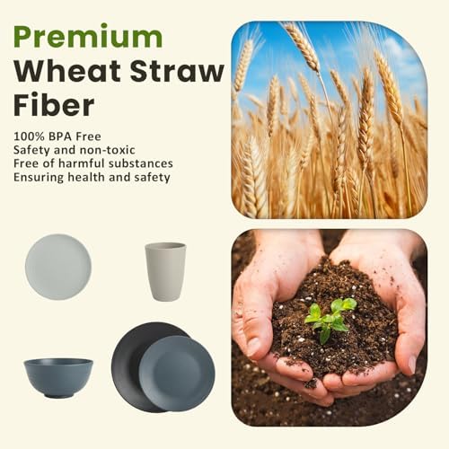 Homienly Premium 40 PCS Wheat Straw Dinnerware Set - Dinner Plates, Cereal Bowls, Unbreakable Cups Set, Microwave and Dishwasher Safe Dishes Set, Reusable Lightweight Dish Sets for Kitchen(Black Grey) - Image 3