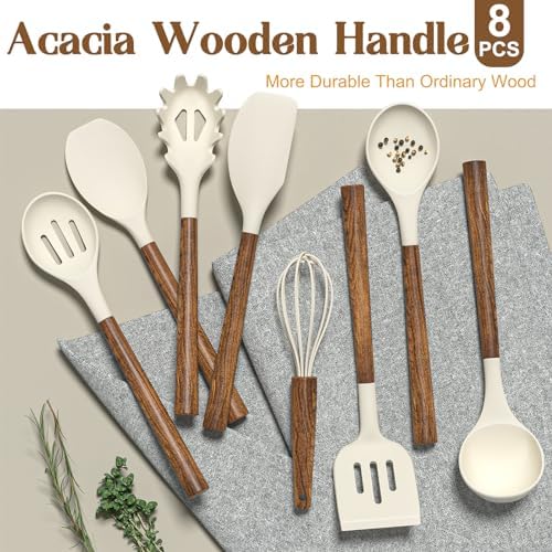Non-Stick Silicone Kitchen Utensils Set with Natural Acacia Hard Wood Handle, Umite Chef 8 Pieces Kitchen Spatulas set, White, BPA Free, Baking, Serving and Cooking Utensils - Image 5