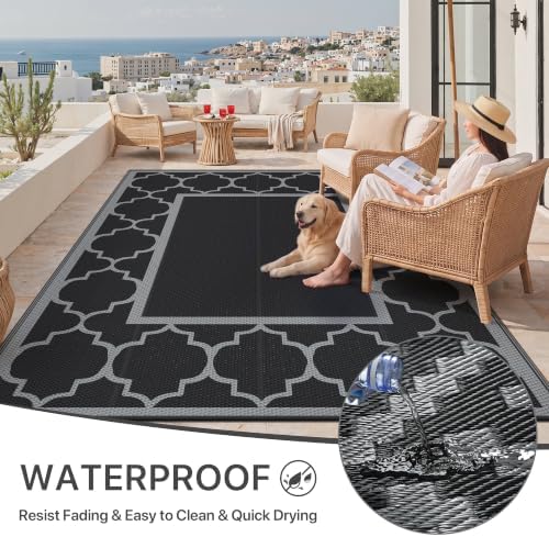 GENIMO Outdoor Rug, Waterproof Plastic Rugs for Patio, 8'x10' Black Gray - Image 6