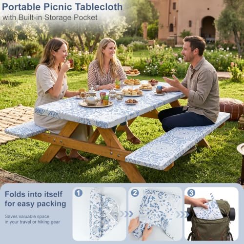 Picnic Table Cover with Bench Covers Portable Table Cloth Built-in Storage Pocket Picnic Table Covers With Elastic Waterproof Camping Essentials for RV Camping - Image 3