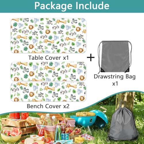 Jungle Safari Picnic Table Cover with Bench Covers, Camping Essentials, Animal Print Waterproof Windproof Table Cover, Fitted Tablecloth Cover with Elastic Edge, for Indoor & Outdoor 3 PCS 30x60 Inch - Image 6