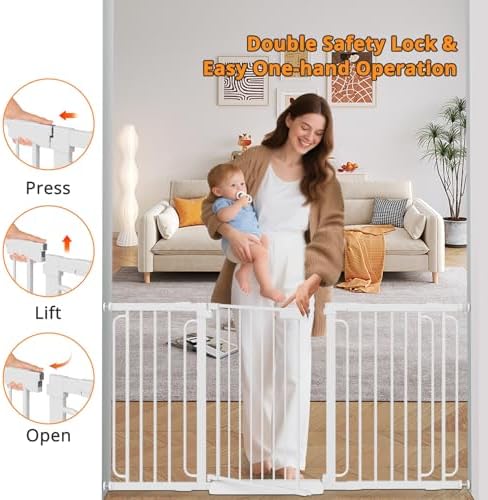Baby Gate for Stairs 29.8-46.5 Inch Pressure Mounted, Auto Close Child Baby Gates for Doorways No Drill, Walk Through Dog Gate Indoor for The House, White - Image 3