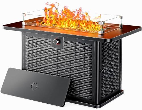 Ciays 43-Inch Rectangular Propane Fire Pit with 60,000 BTU Output, Fire Pit Table Premium Gas for Outside Patio with 304 Stainless Steel H-Burner, Glass Stones, and Wind Guard,Black by Ciays