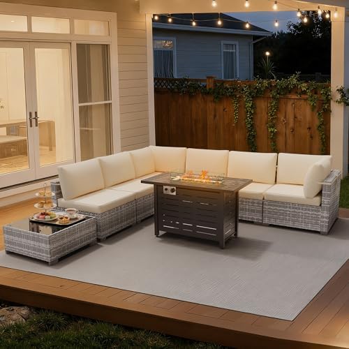 LOUVIXA 8 Piece Outdoor Patio Furniture Set, Outdoor Sectional Sofa with Firepit Table, Wicker Rattan Patio Furniture, Patio Conversation Set with Coffee Table & Cushions - Image 4