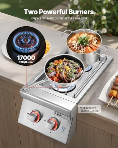 VEVOR Double Grilling Side Burners, 2 x 17,000BTU Liquid Propane Side Burner for Outdoor Kitchen, Convertible to Natural Gas, 304 Stainless Steel Built-in Double Burners with LED for BBQ Grill Island - Image 2