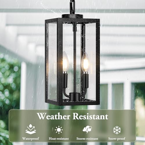 BesLowe 15” Large Outdoor Pendant Light, 2-Light Hanging Lantern, Black - Image 2