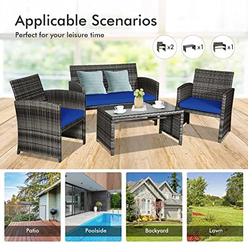Goplus 4-Piece Rattan Patio Furniture Set, Outdoor Wicker Conversation Sofa with Weather Resistant Cushions and Tempered Glass Tabletop for Lawn Backyard Pool Garden (Blue) - Image 3