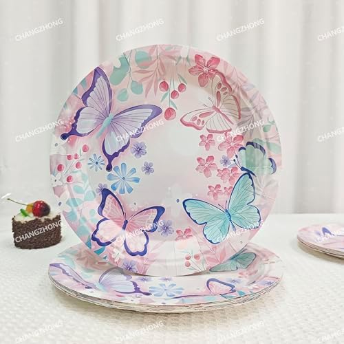 Pink Purple Butterfly Birthday Disposable Plate AndPaper Napkin Combination - Image 3