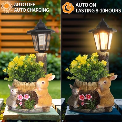 Solar Bunny Statue Outdoor, Rabbits Figurine with Flowerpot & Lantern - Image 4